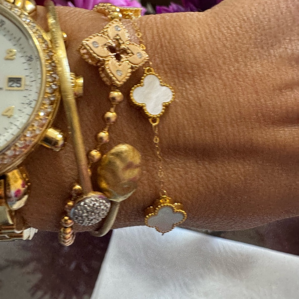 18K Solid Gold White Clover Bracelet – 7.5” Length | 2.2g | 9.7mm Motifs